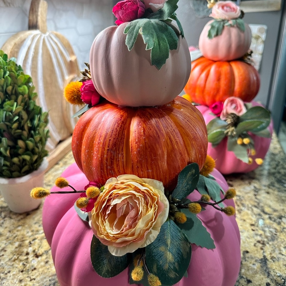 Set of 2 Stacked Pumpkin Trio - Hand Painted and Decorated